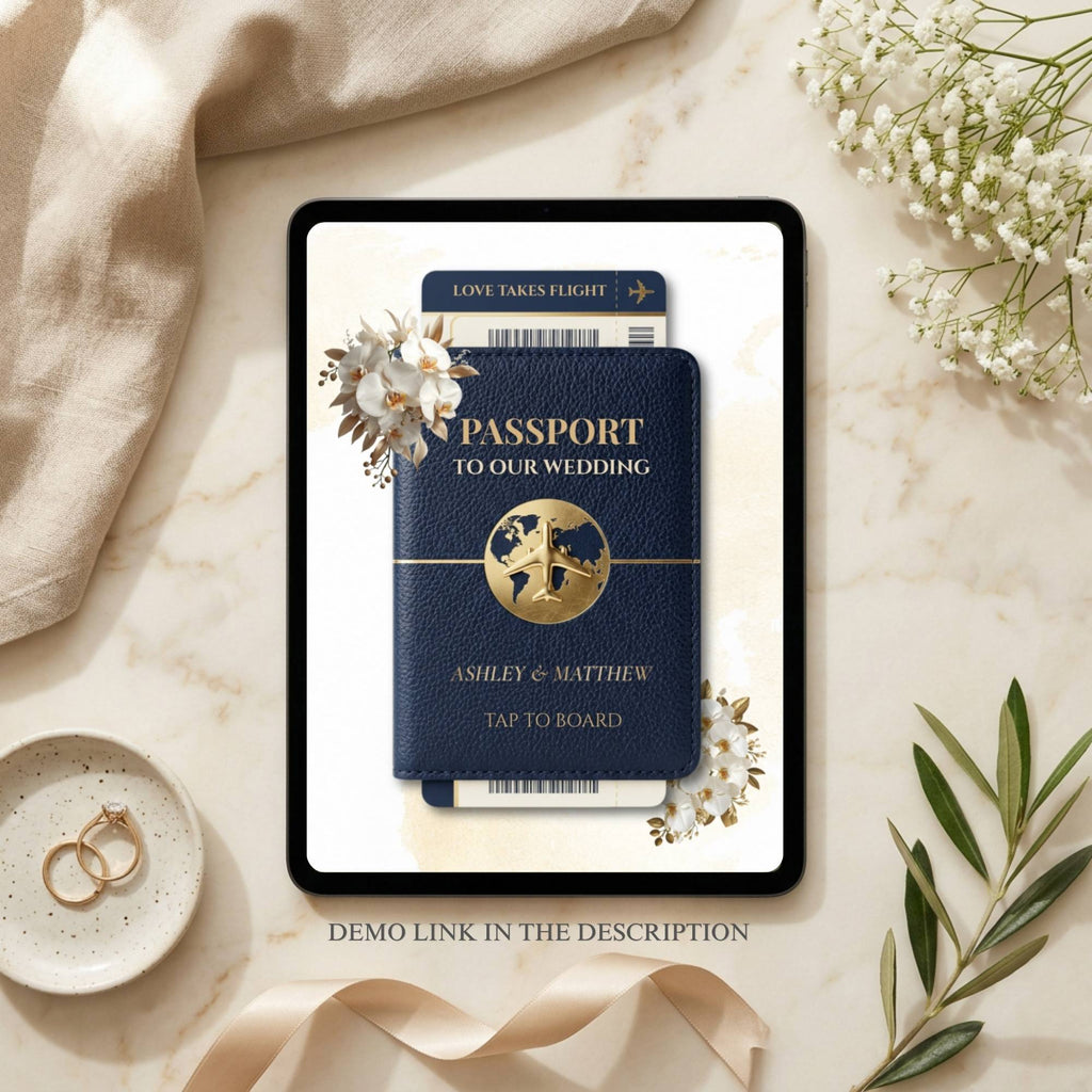 Complete preview of navy wedding website template with interactive pages and travel-inspired design.