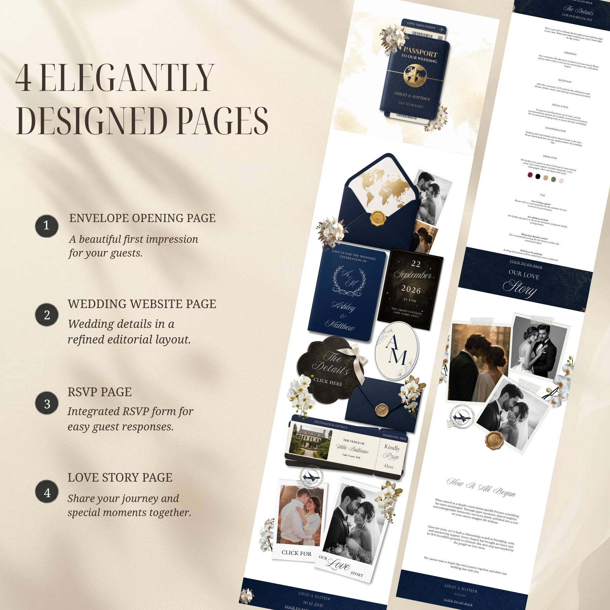 Editable RSVP page included with navy destination wedding website template