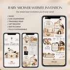 Newspaper baby shower digital invitation showing editorial website pages, countdown, event details and mobile-friendly Canva design.
