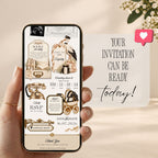 Newspaper baby shower invitation displayed on a phone with Baby Gazette headlines, event information and interactive website features.