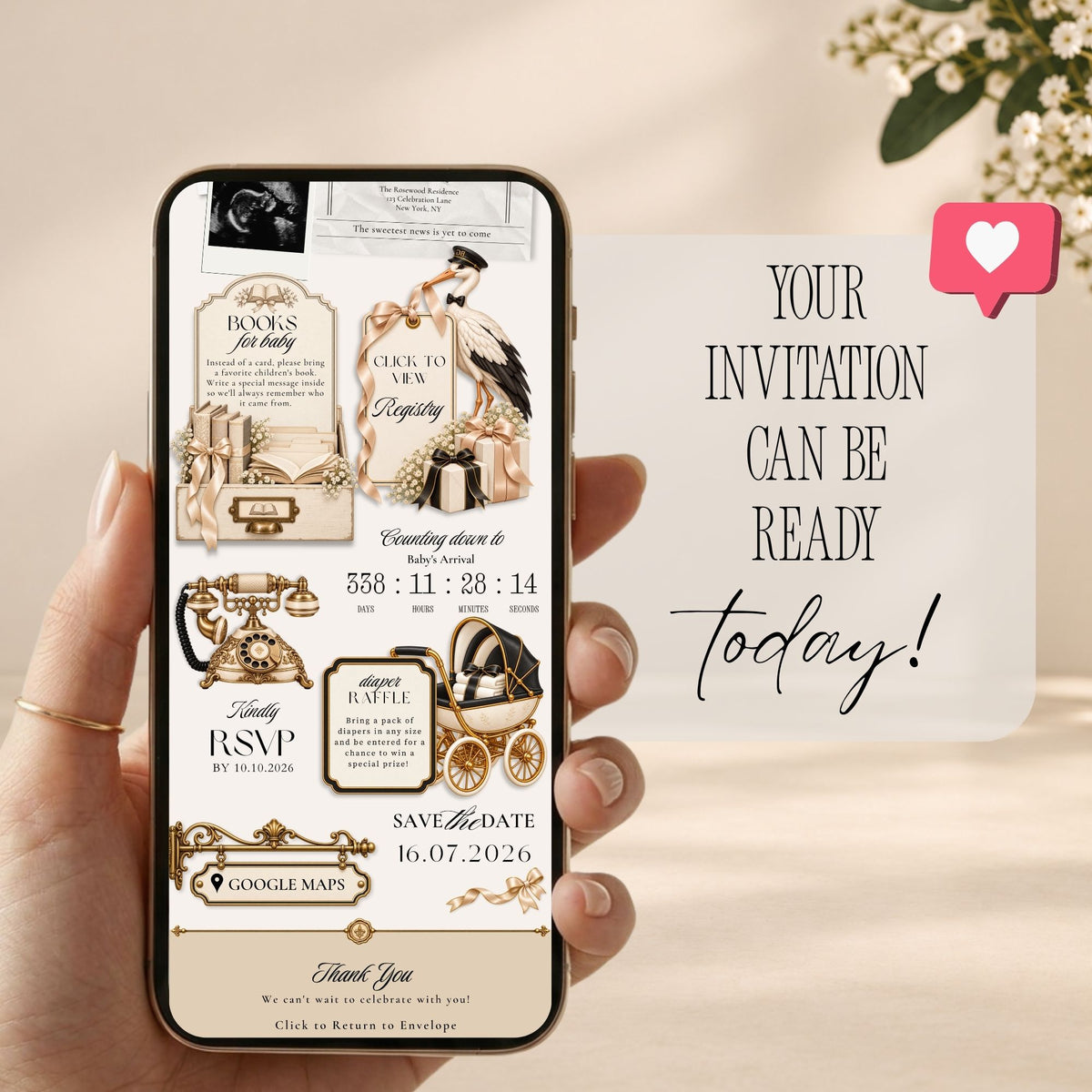 Newspaper baby shower invitation displayed on a phone with Baby Gazette headlines, event information and interactive website features.