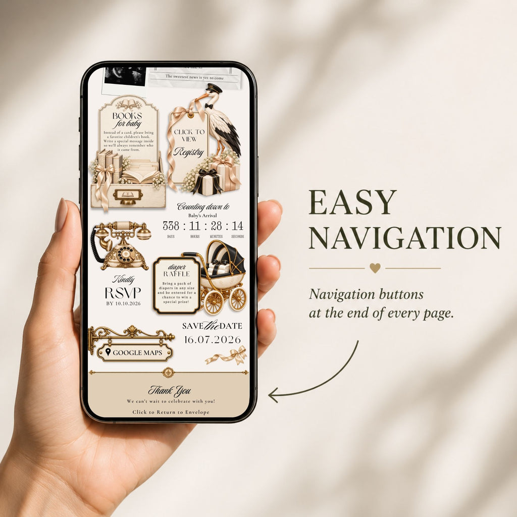 Newspaper baby shower website navigation displayed on a phone with interactive buttons for a smooth mobile guest experience.