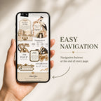 Newspaper baby shower website navigation displayed on a phone with interactive buttons for a smooth mobile guest experience.