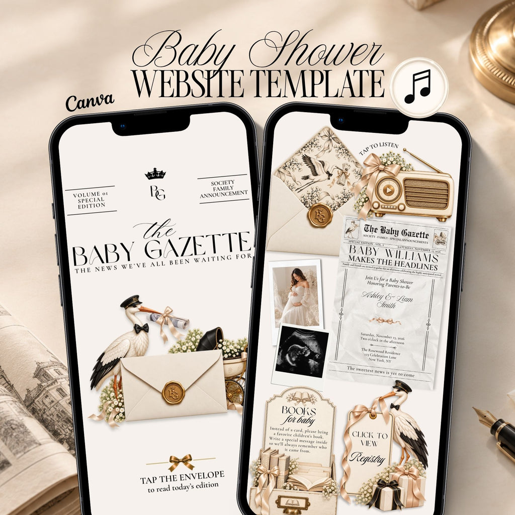 Newspaper baby shower website with Baby Gazette editorial design, interactive RSVP, registry, countdown and mobile invitation pages.