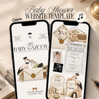 Newspaper baby shower website with Baby Gazette editorial design, interactive RSVP, registry, countdown and mobile invitation pages.