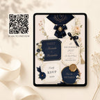 Old money wedding website template featuring navy blue ribbon accents and RSVP page