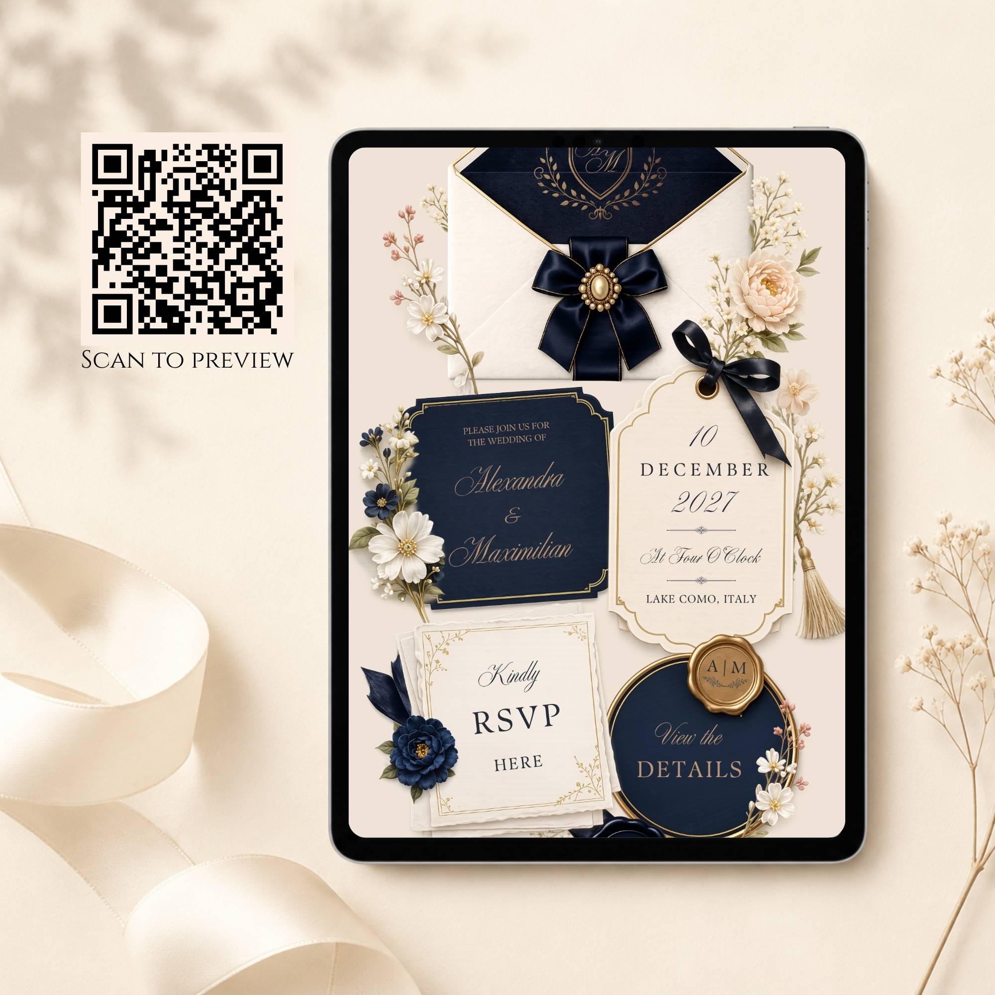Old money wedding website template featuring navy blue ribbon accents and RSVP page