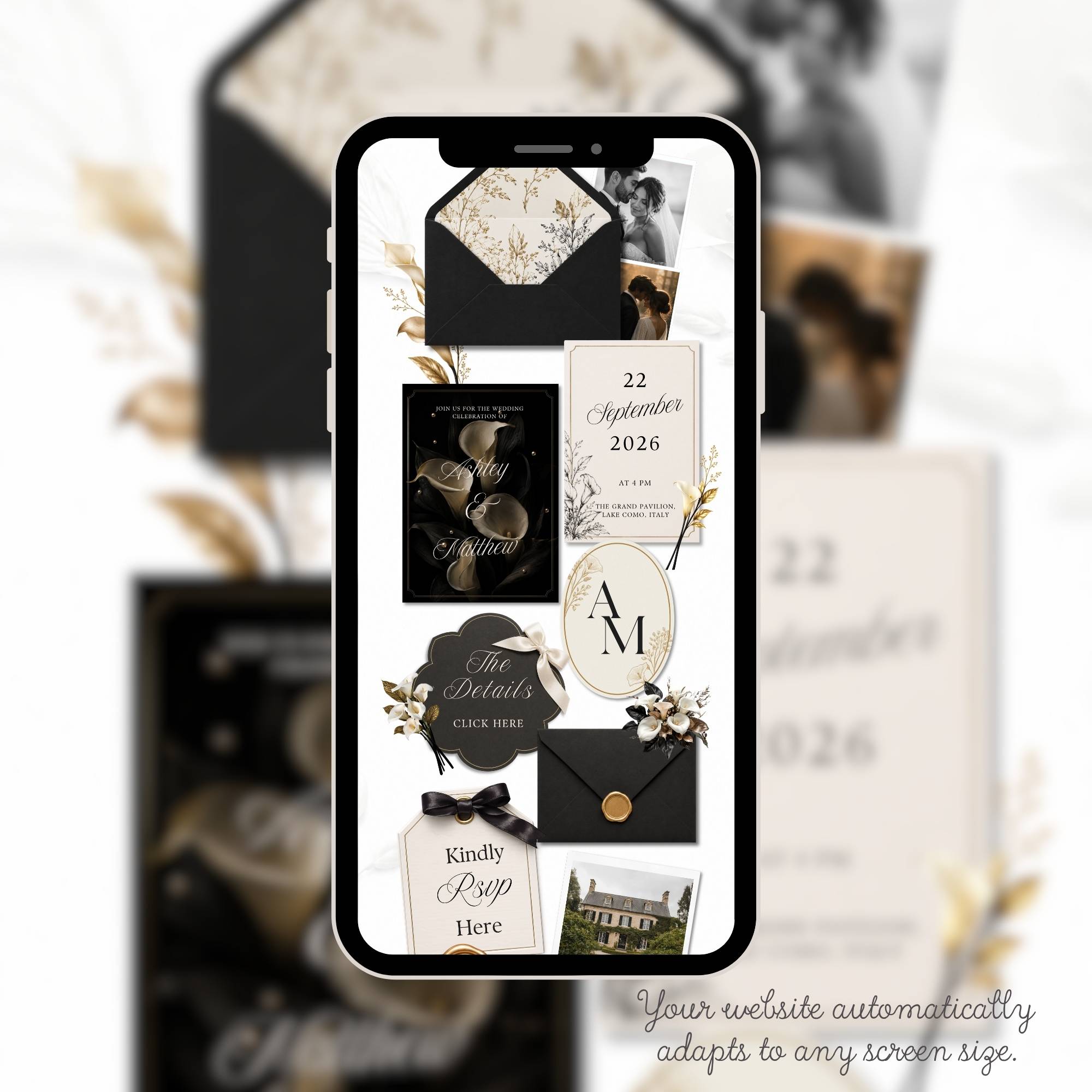 Old money inspired black and gold wedding website template for Canva