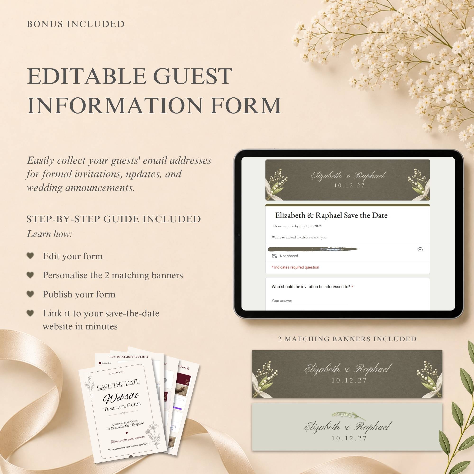 Save the date RSVP management system with Google RSVP forms, editable banners, custom questions, and response tracking.