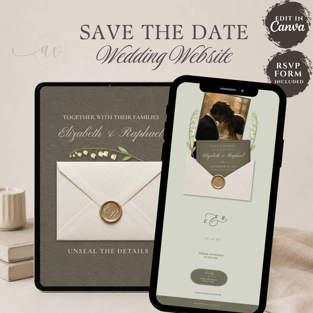 Olive green envelope save the date website template featuring an interactive envelope opening design, RSVP form, and elegant botanical styling.
