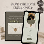 Olive green envelope save the date website template featuring an interactive envelope opening design, RSVP form, and elegant botanical styling.
