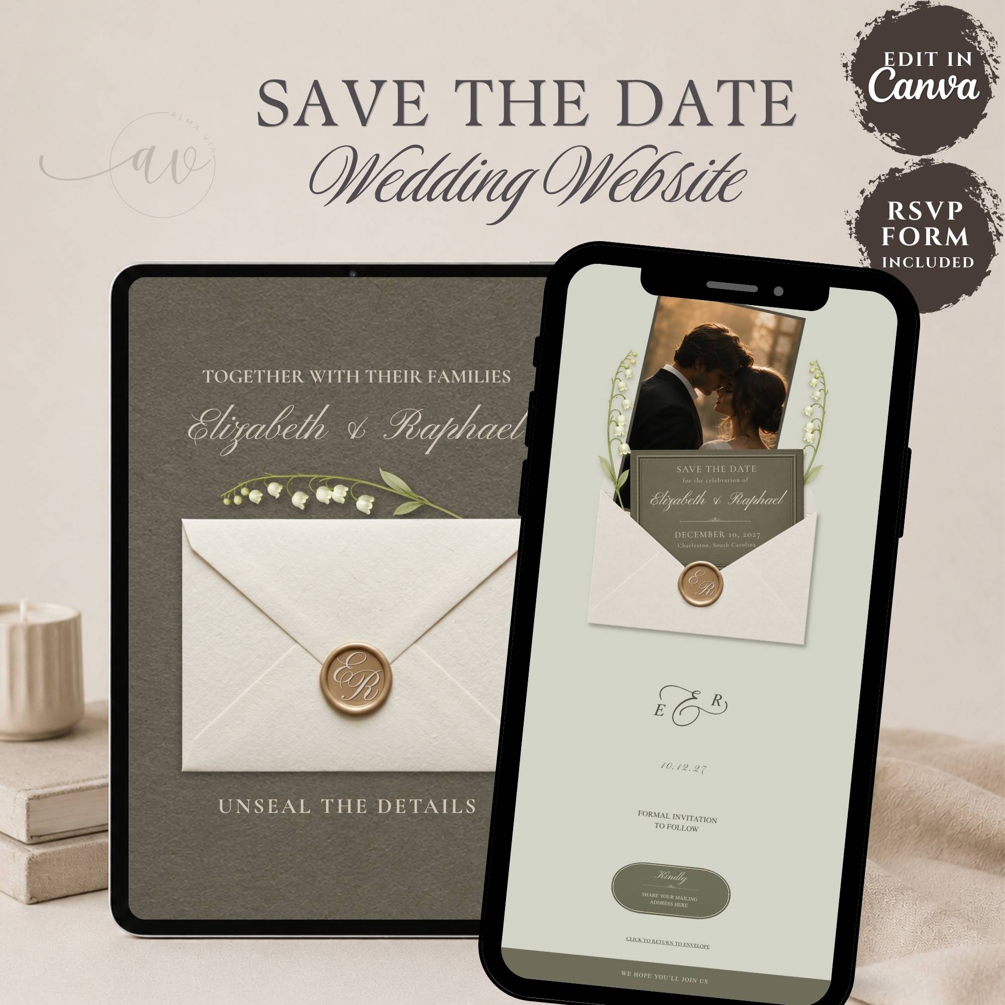 Olive green envelope save the date website template featuring an interactive envelope opening design, RSVP form, and elegant botanical styling.