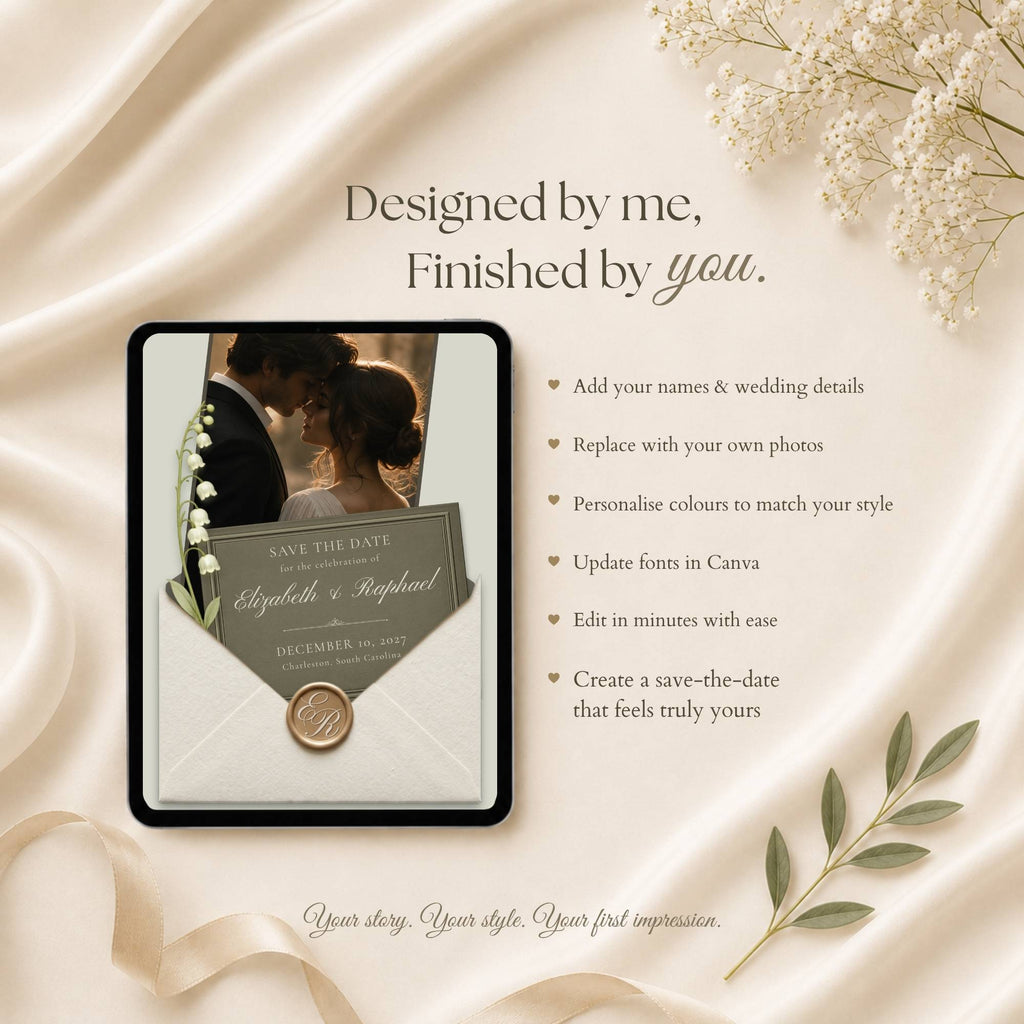 Interactive save the date website template showcasing RSVP tools, mobile-friendly design, customization options, and elegant envelope styling.