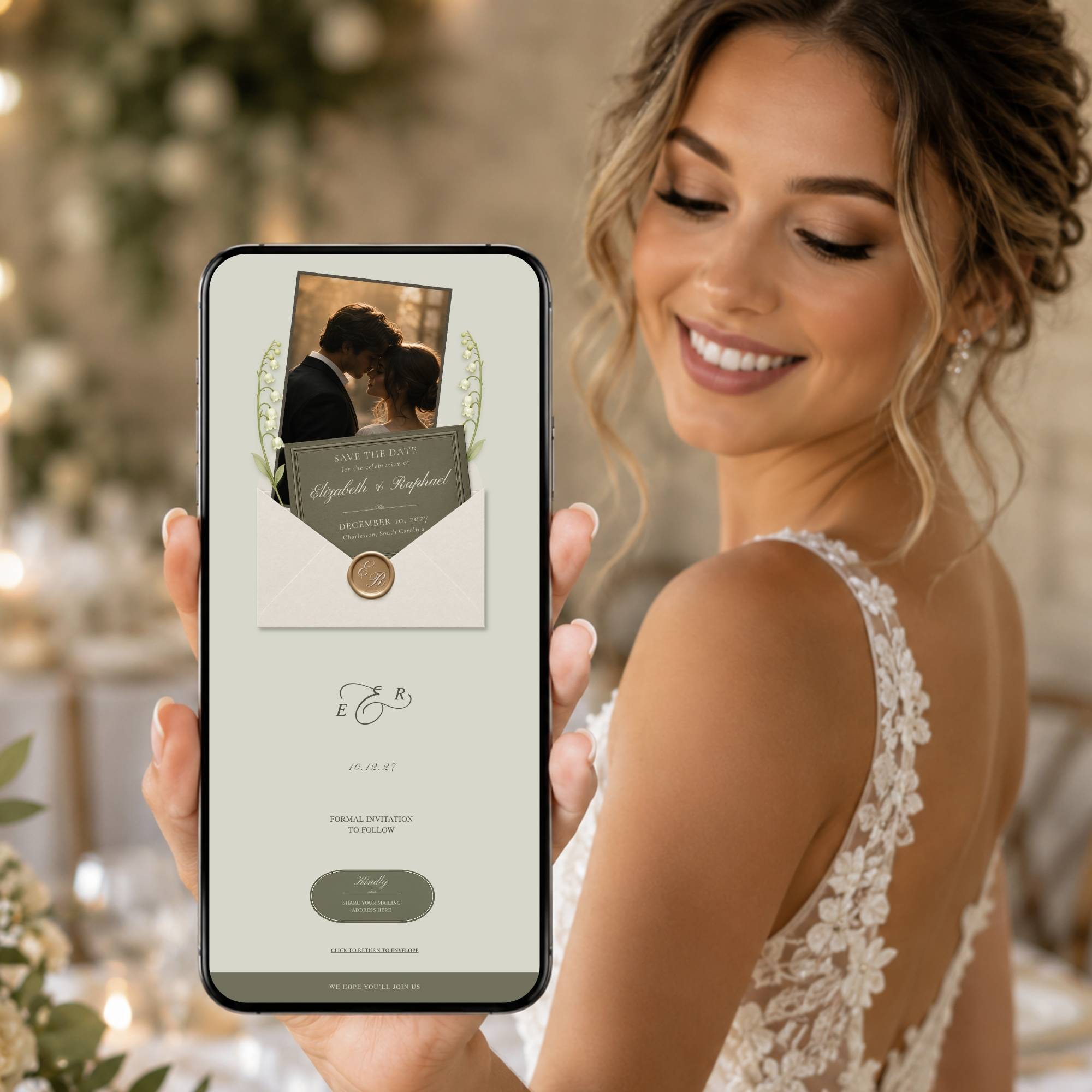 Editable save the date website template allowing customization of names, fonts, colors, images, RSVP details, and website content.