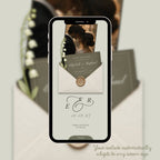 Olive green save the date website featuring intuitive navigation buttons for RSVP, wedding details, timeline, and guest information.