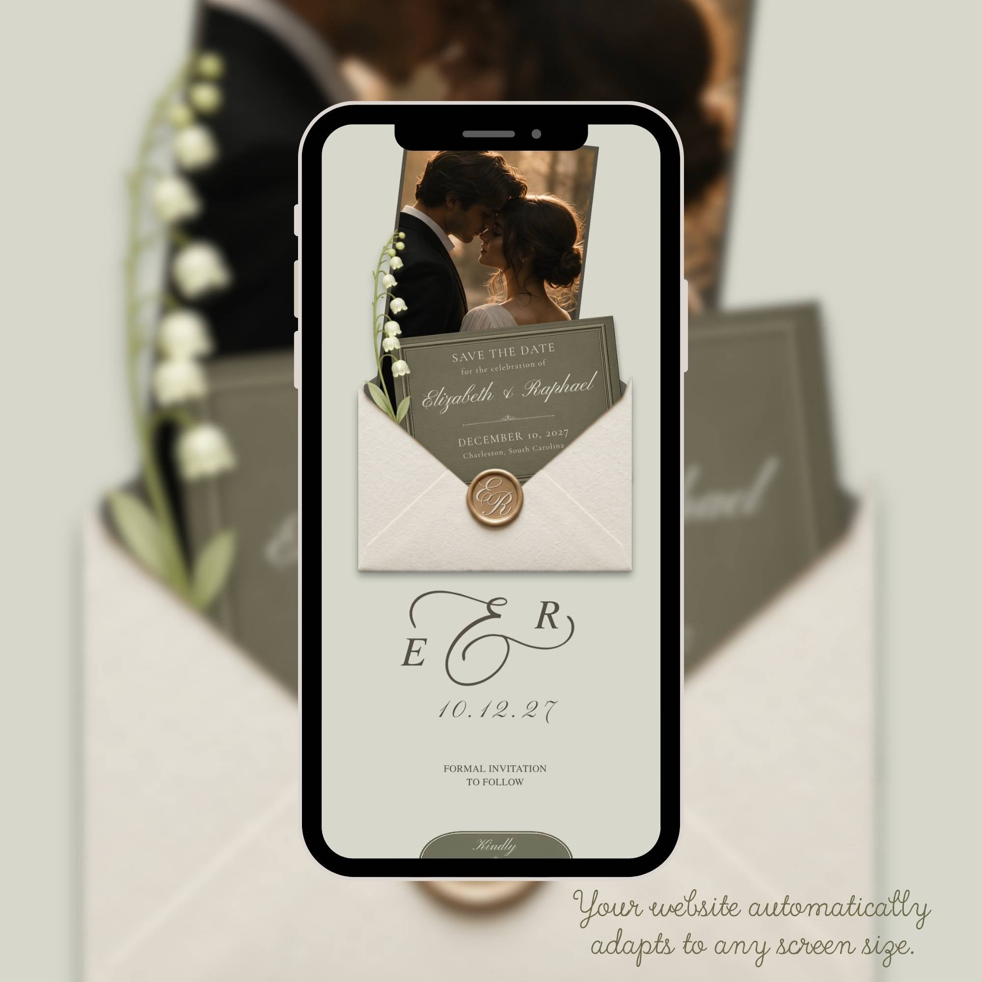 Olive green save the date website featuring intuitive navigation buttons for RSVP, wedding details, timeline, and guest information.