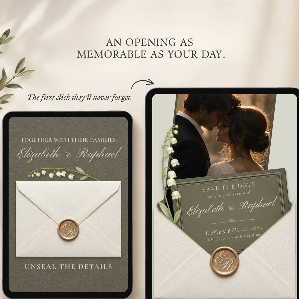 Interactive save the date website homepage featuring an olive green envelope invitation opening experience with wedding details.