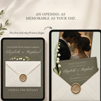 Interactive save the date website homepage featuring an olive green envelope invitation opening experience with wedding details.