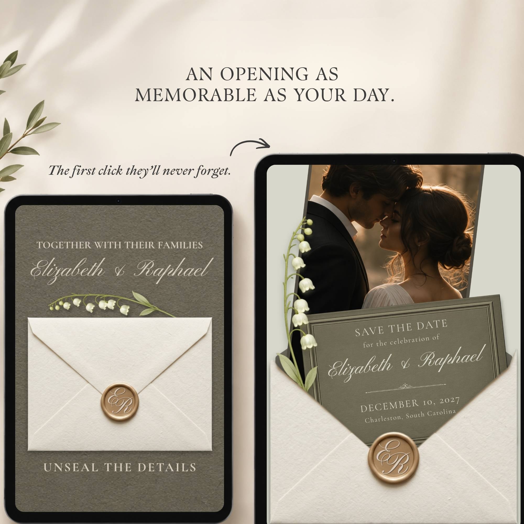 Interactive save the date website homepage featuring an olive green envelope invitation opening experience with wedding details.