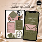 Olive green floral wedding website template with RSVP editable in Canva.