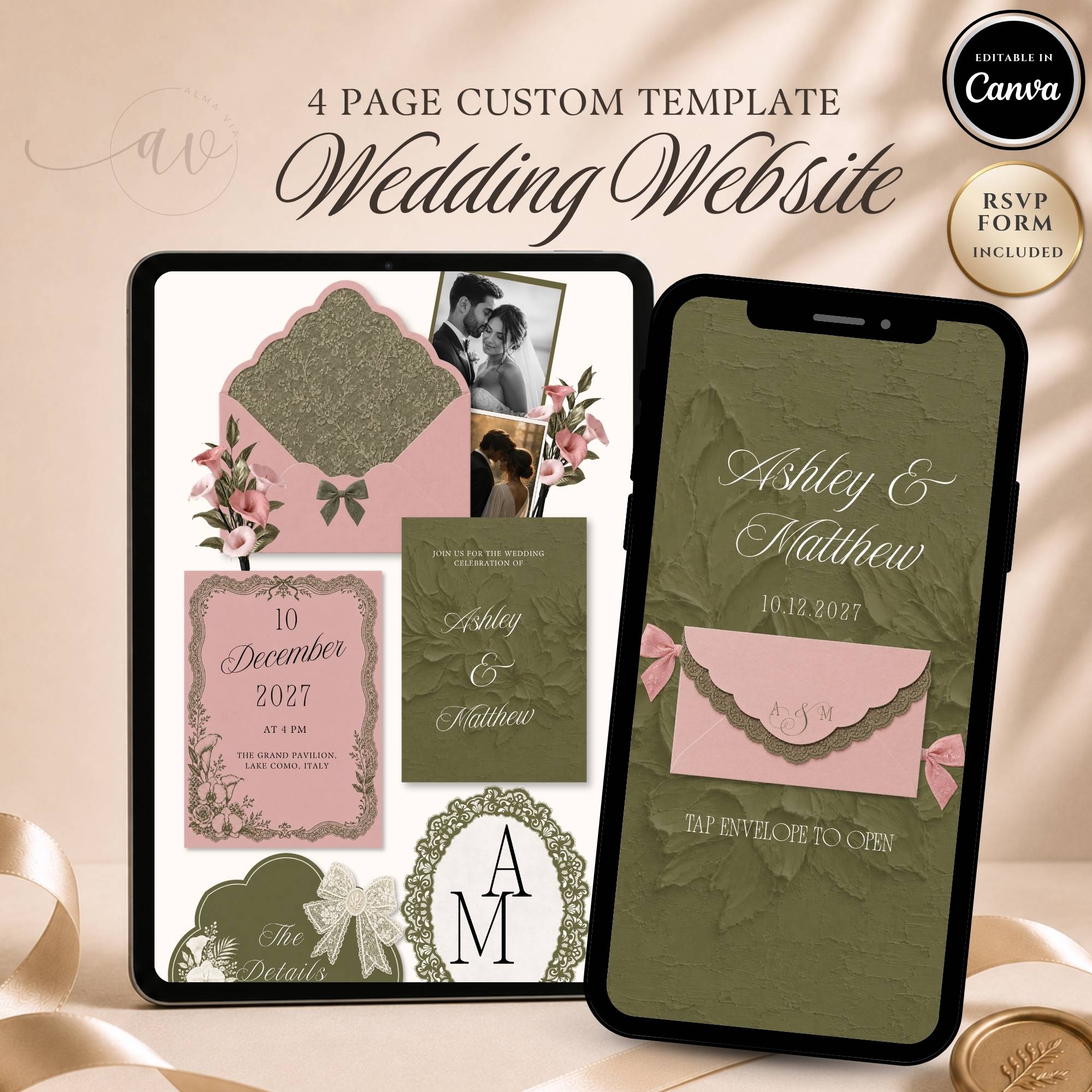 Olive green floral wedding website template with RSVP editable in Canva.