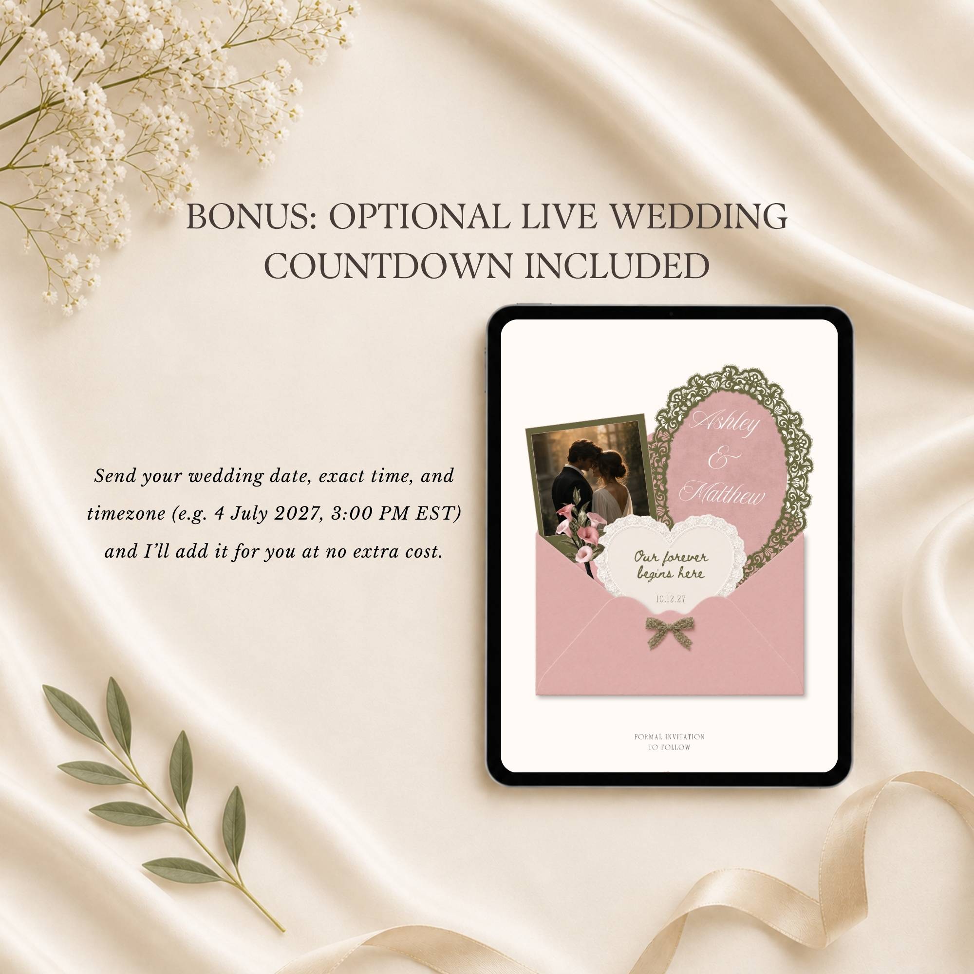 Olive green wedding website template featuring optional live wedding countdown setup bonus.