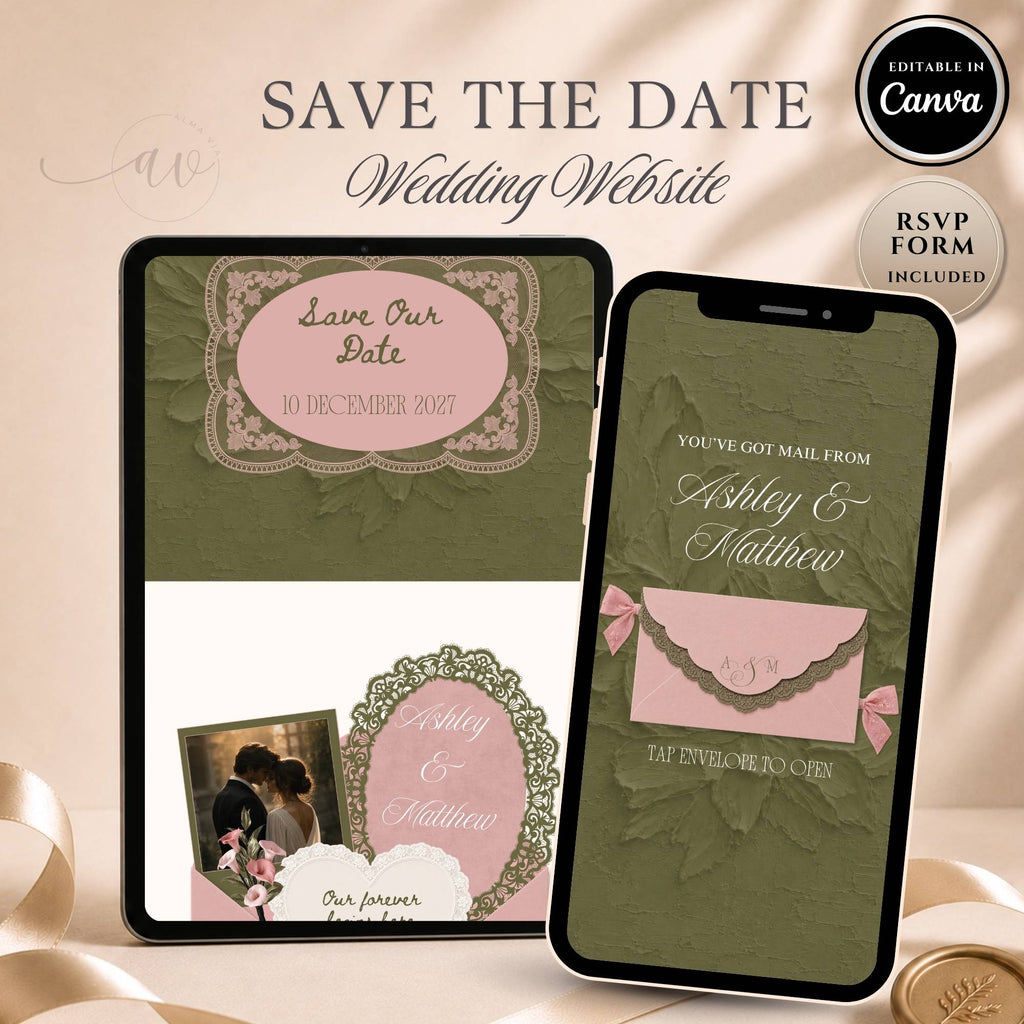 Olive green and blush pink save the date wedding website displayed on tablet and mobile phone with interactive envelope opening design.
