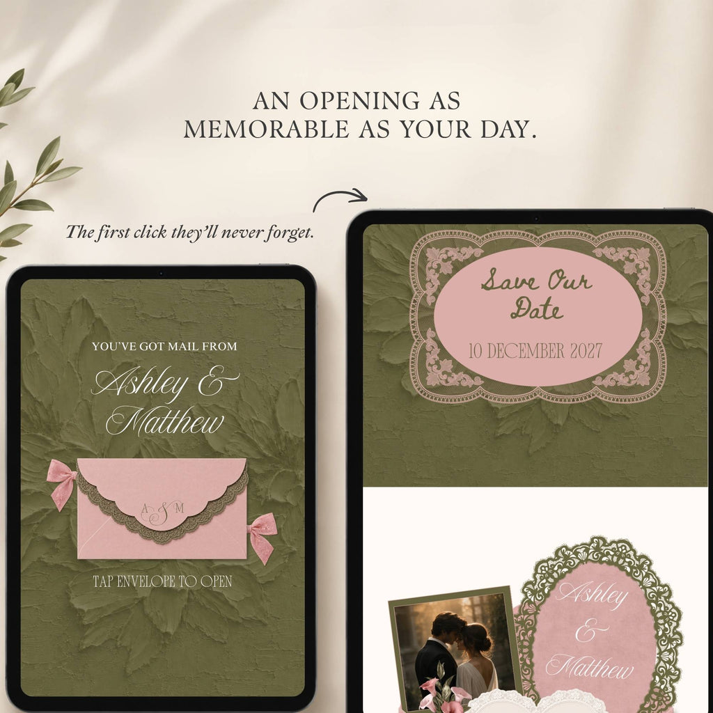 Mobile-responsive save the date wedding website displayed on smartphone and tablet screens.