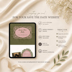 Fully editable Canva save the date wedding website template customized with names, photos, and wedding details.