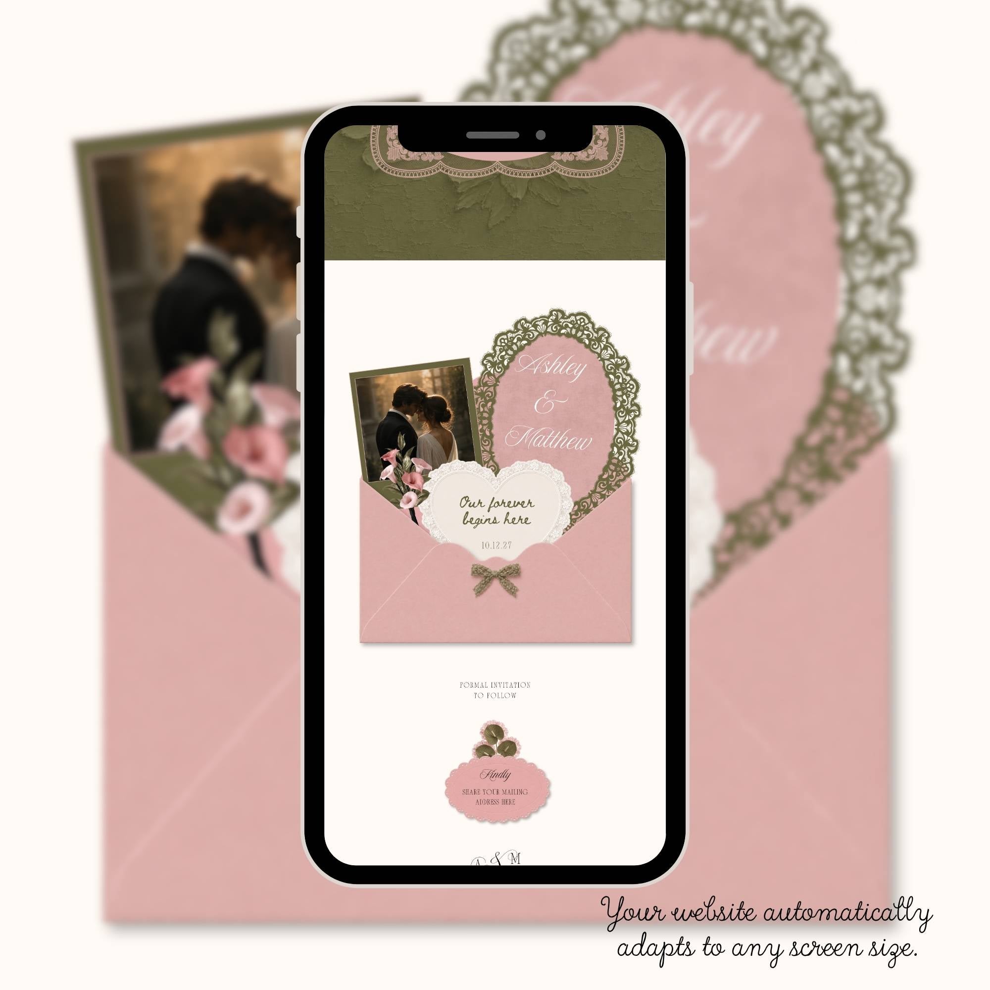 Interactive envelope opening save the date wedding website showing the guest experience.