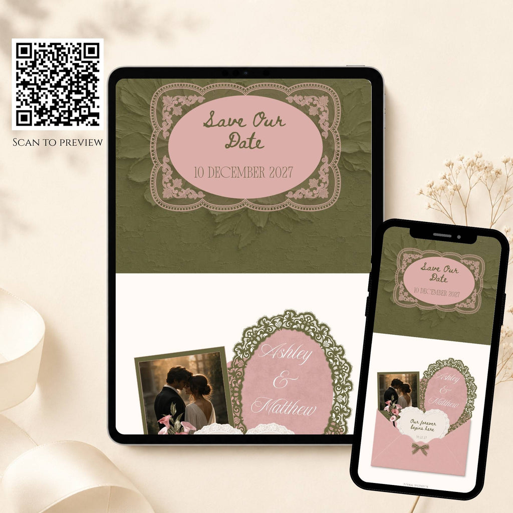 Olive green save the date wedding website shown on tablet and phone with QR code preview for guests.