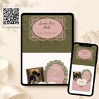 Olive green save the date wedding website shown on tablet and phone with QR code preview for guests.