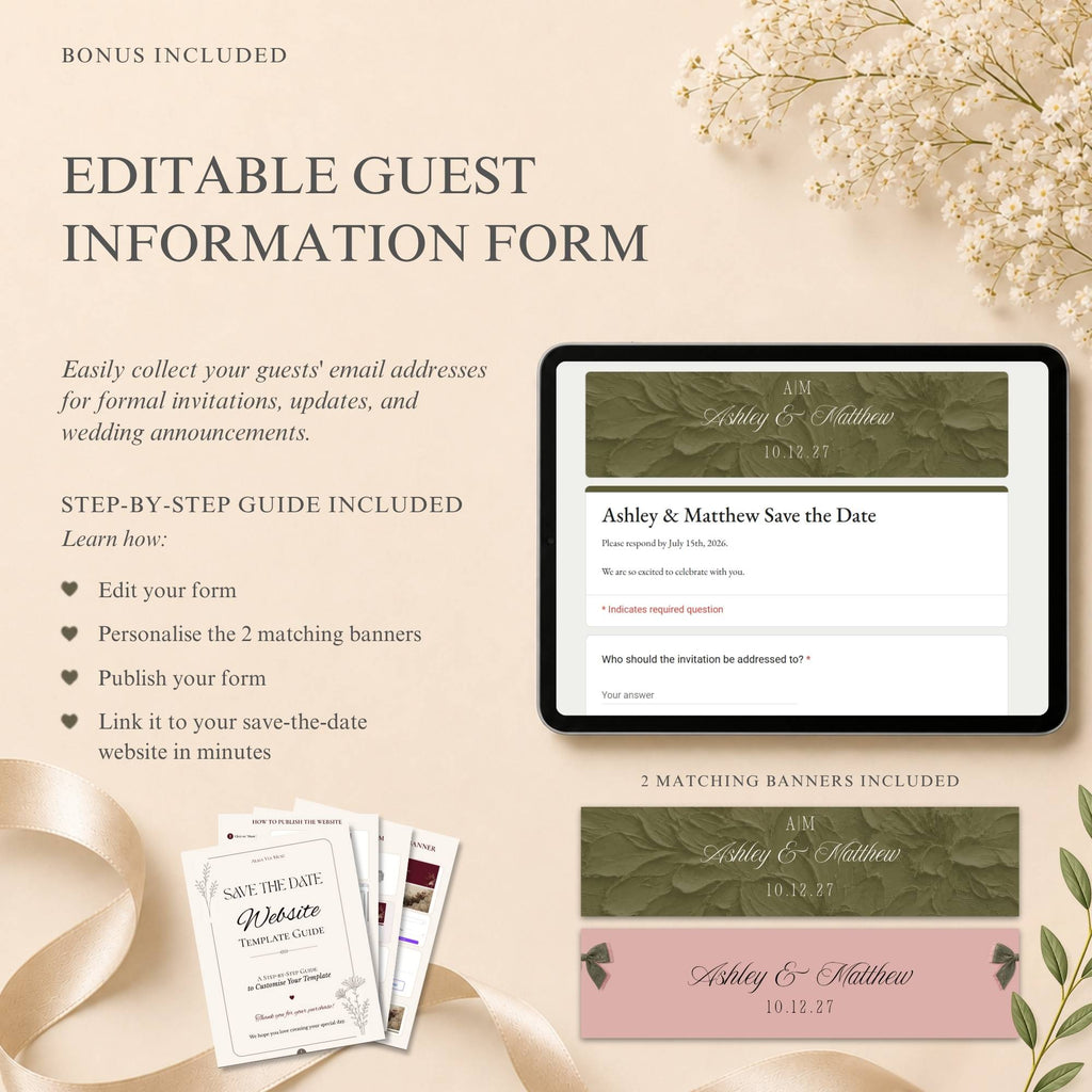 Save the date wedding website template highlighting editable Canva features, RSVP form, and mobile-friendly design.