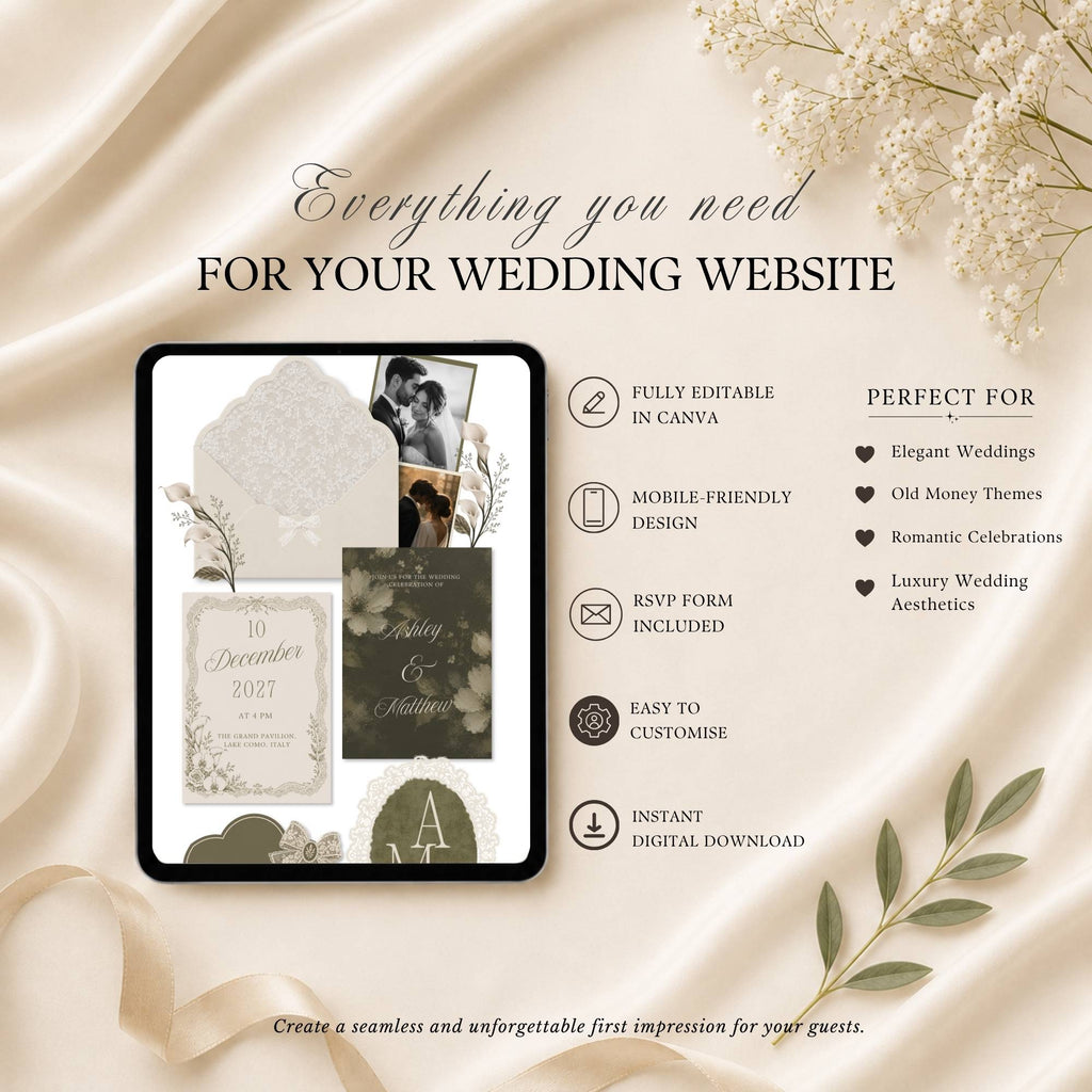 Four page olive green wedding website template featuring RSVP page love story page and wedding details page