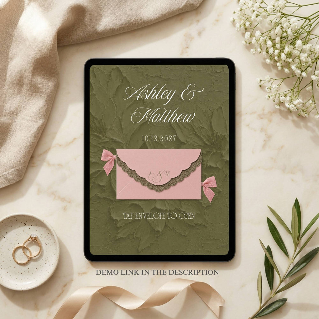 Olive green wedding website template with floral design and RSVP functionality.