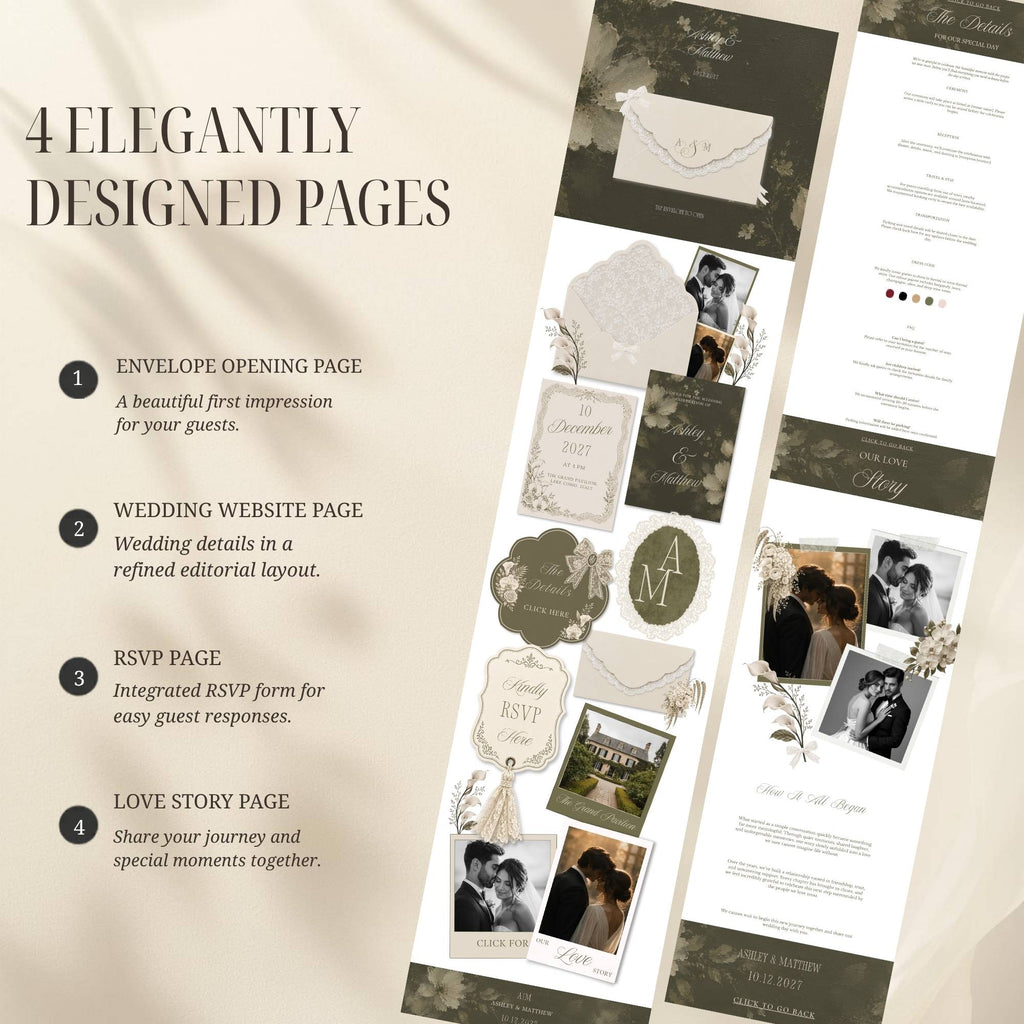 Interactive envelope opening page for olive green wedding website template