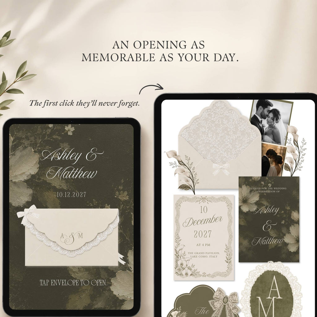 Olive green Canva wedding website homepage with floral details and wedding information