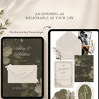 Olive green Canva wedding website homepage with floral details and wedding information
