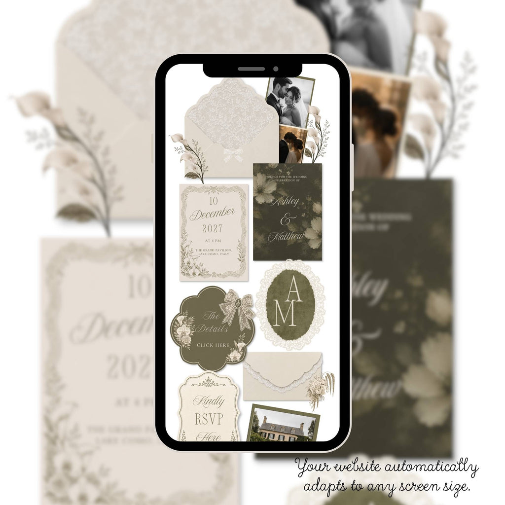 Love story page for olive green wedding website template editable in Canva