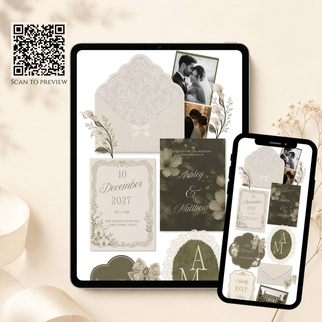 Mobile wedding website template with elegant olive green floral design