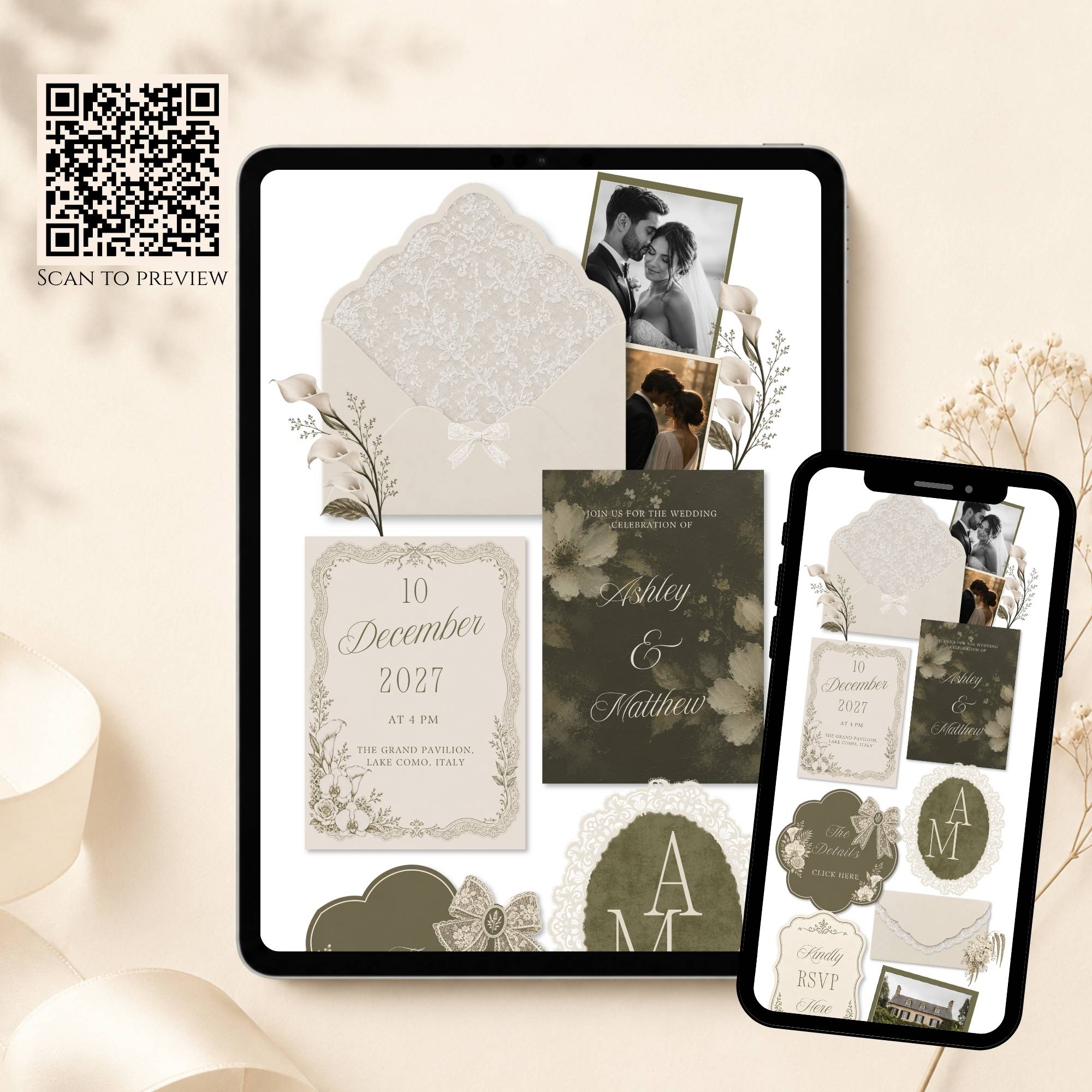 Mobile wedding website template with elegant olive green floral design