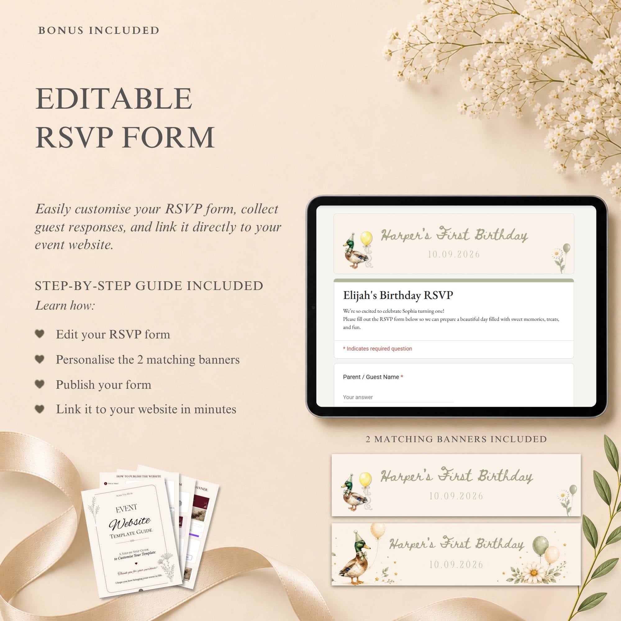 One Lucky Duck birthday website with customizable RSVP form and guest response management.
