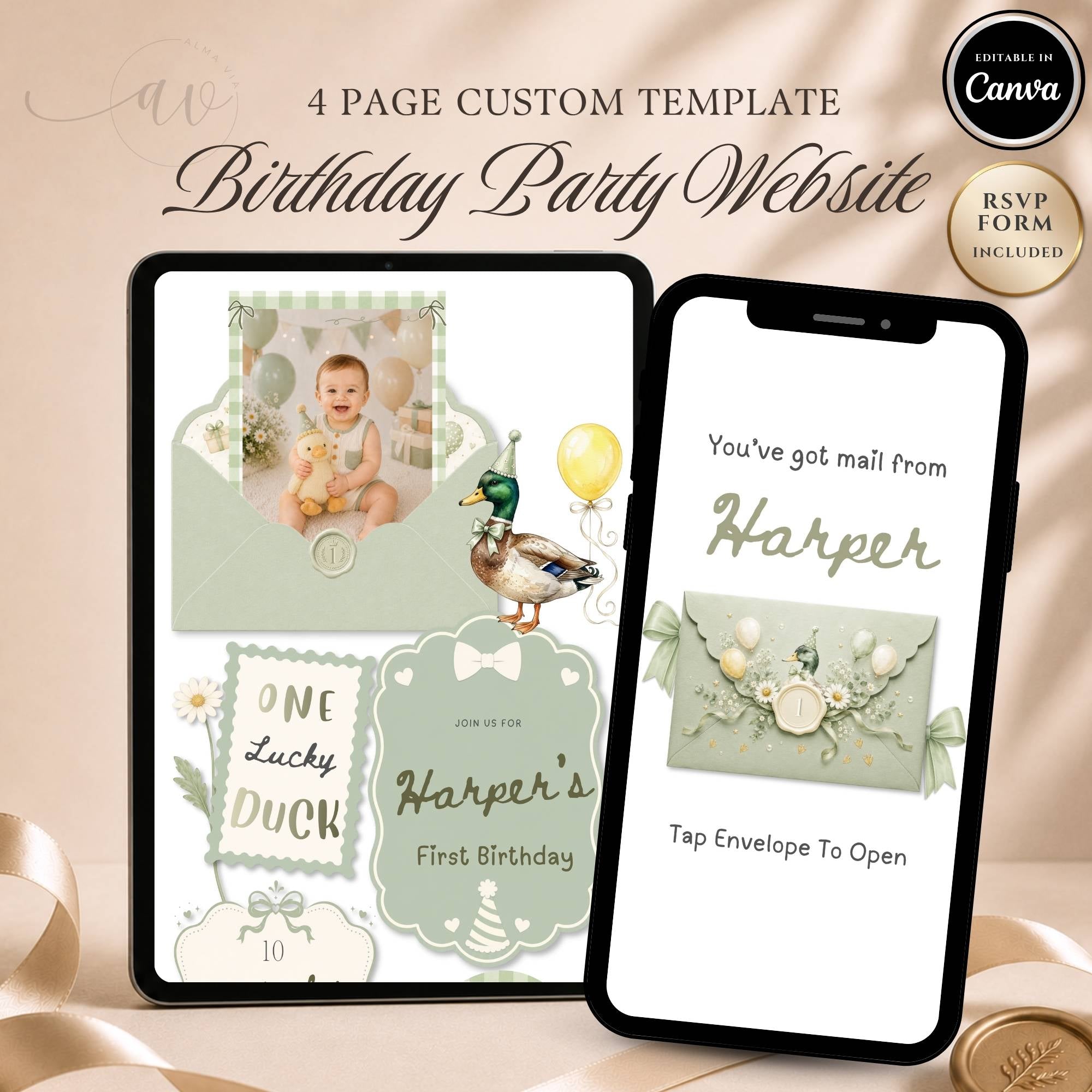 One Lucky Duck first birthday website template displayed on phone and tablet with editable Canva design and RSVP feature.