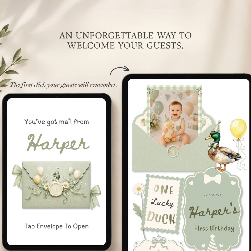 One Lucky Duck birthday website template including a detailed Canva editing guide for easy customization.