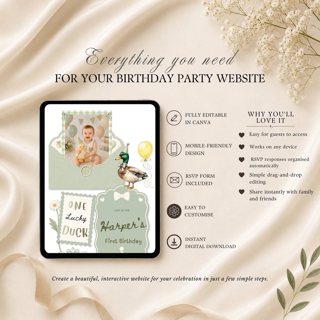 One Lucky Duck birthday website template highlighting RSVP, mobile access, and editable Canva features.