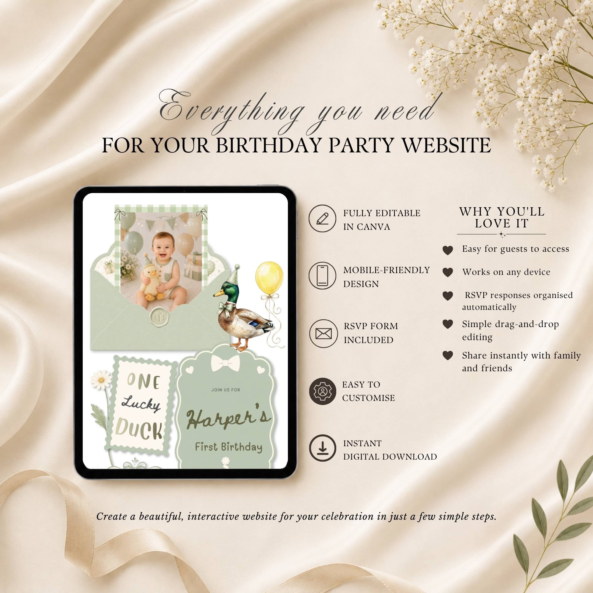 One Lucky Duck birthday website template highlighting RSVP, mobile access, and editable Canva features.