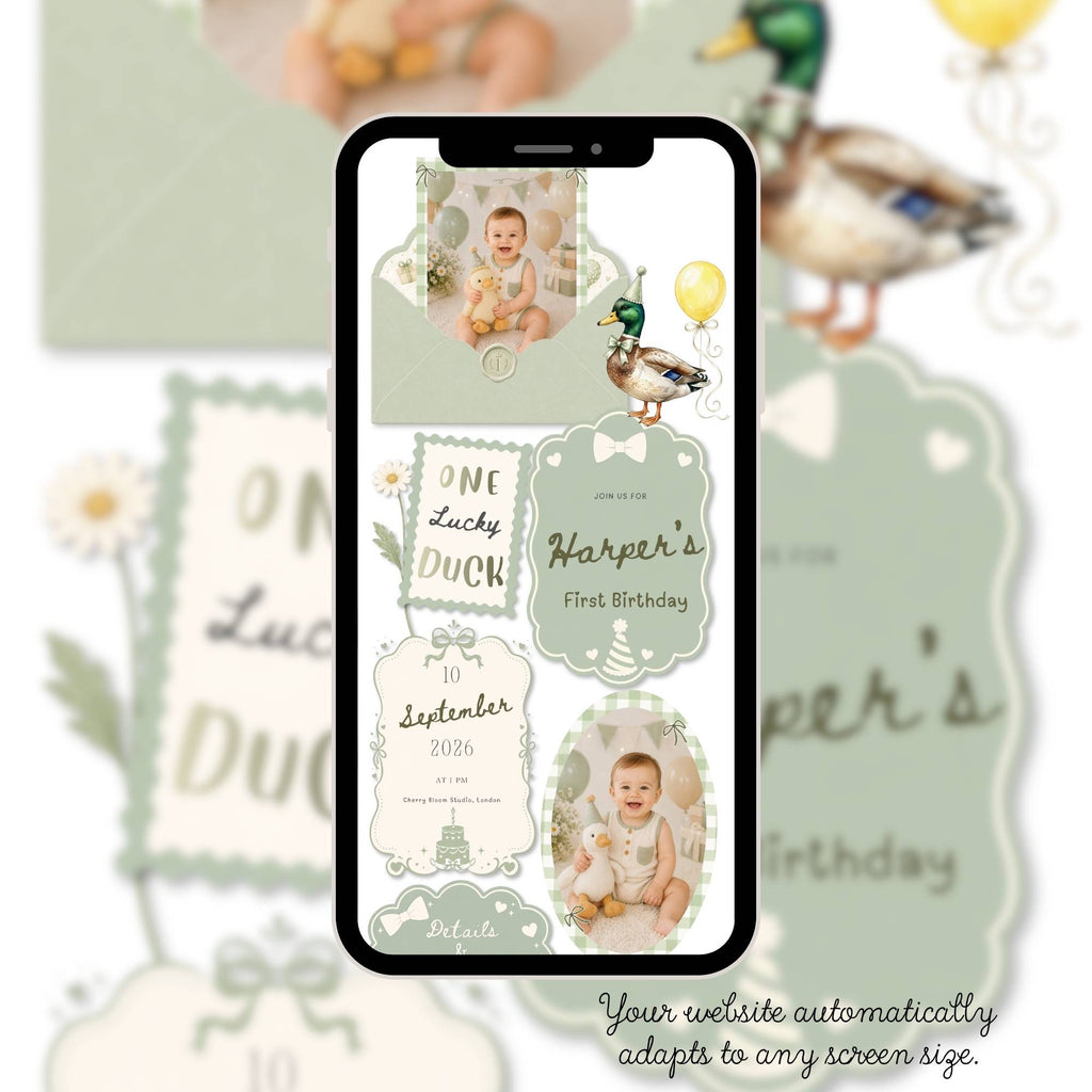 Editable One Lucky Duck birthday website template with customizable photos, text, colours, and RSVP options.