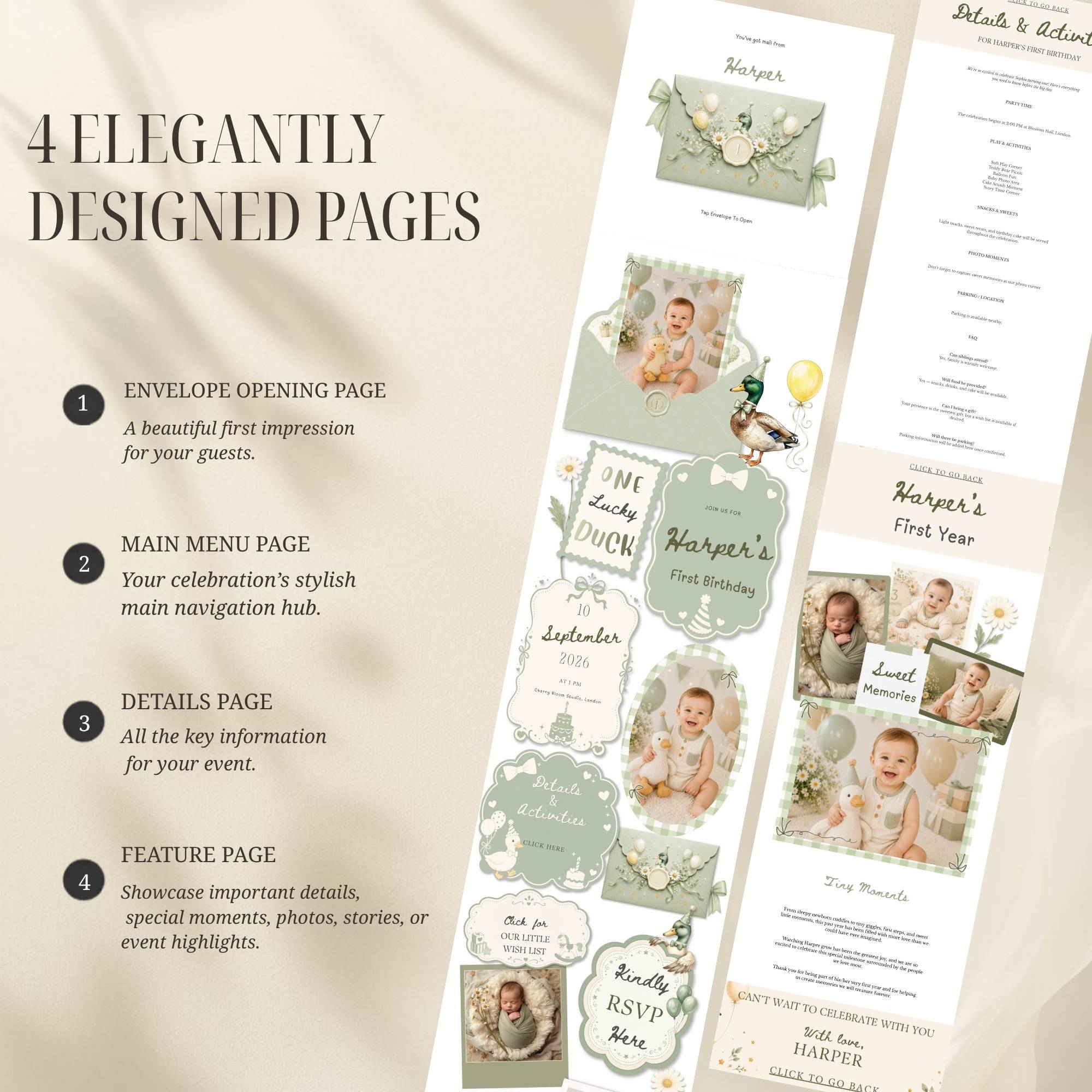 One Lucky Duck birthday website displaying included pages such as RSVP, event details, and party information.
