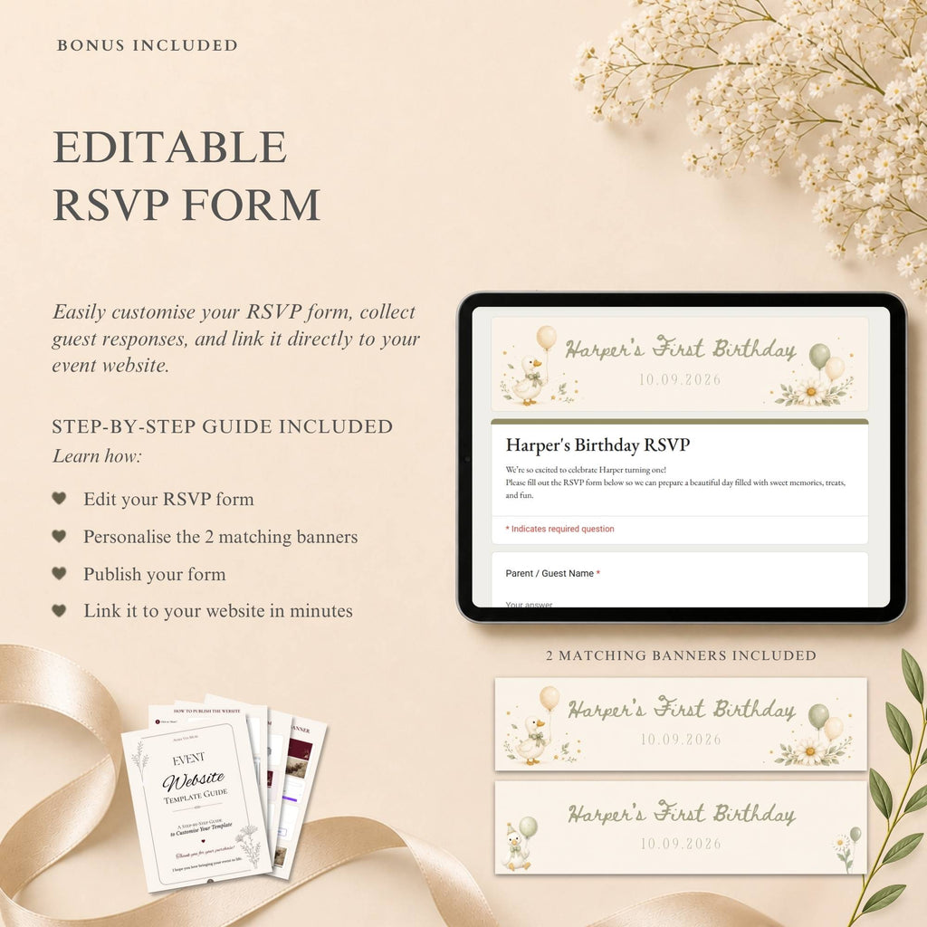 One Silly Goose birthday website with customizable RSVP form and guest response management.