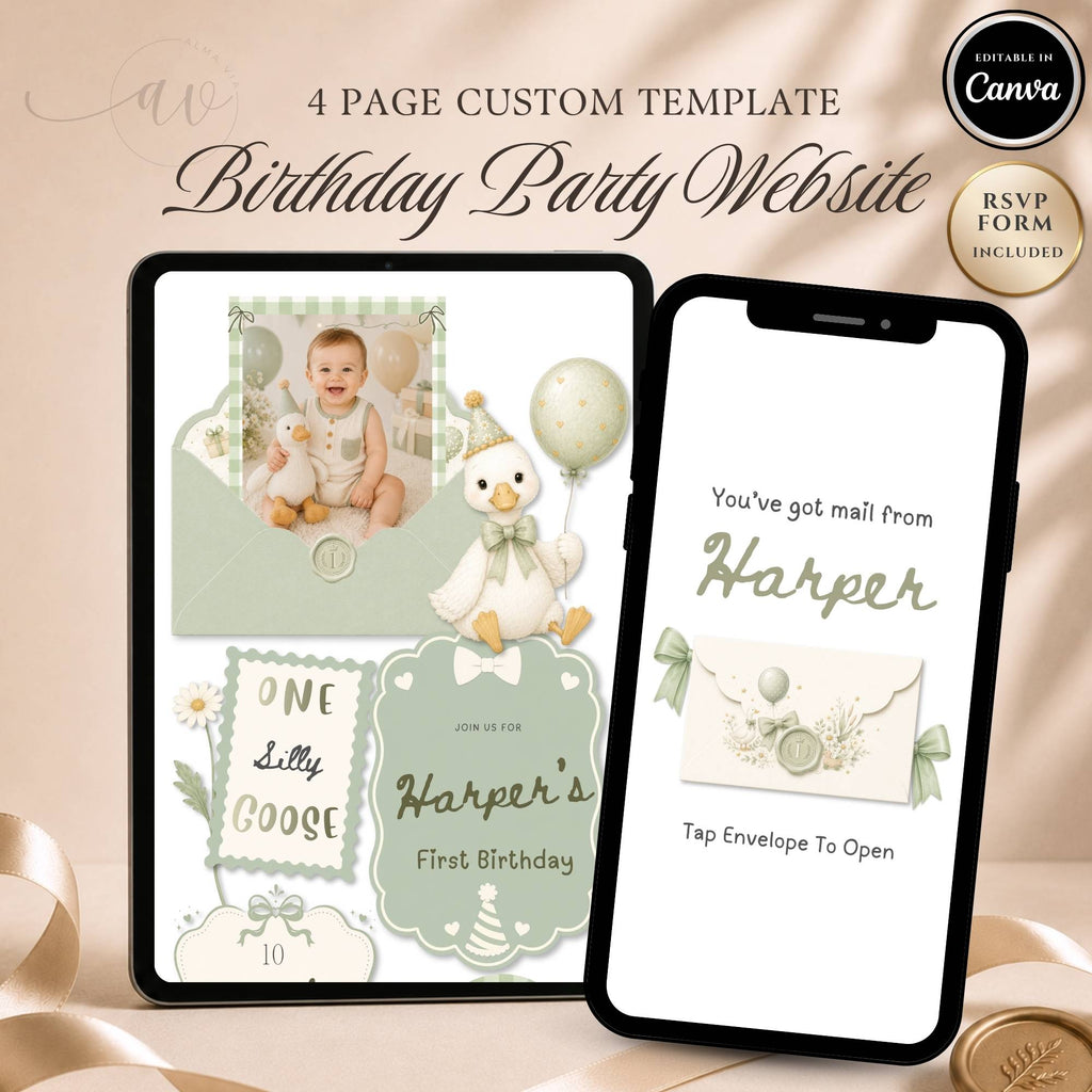 One Silly Goose first birthday website template displayed on phone and tablet with editable Canva design and RSVP feature.